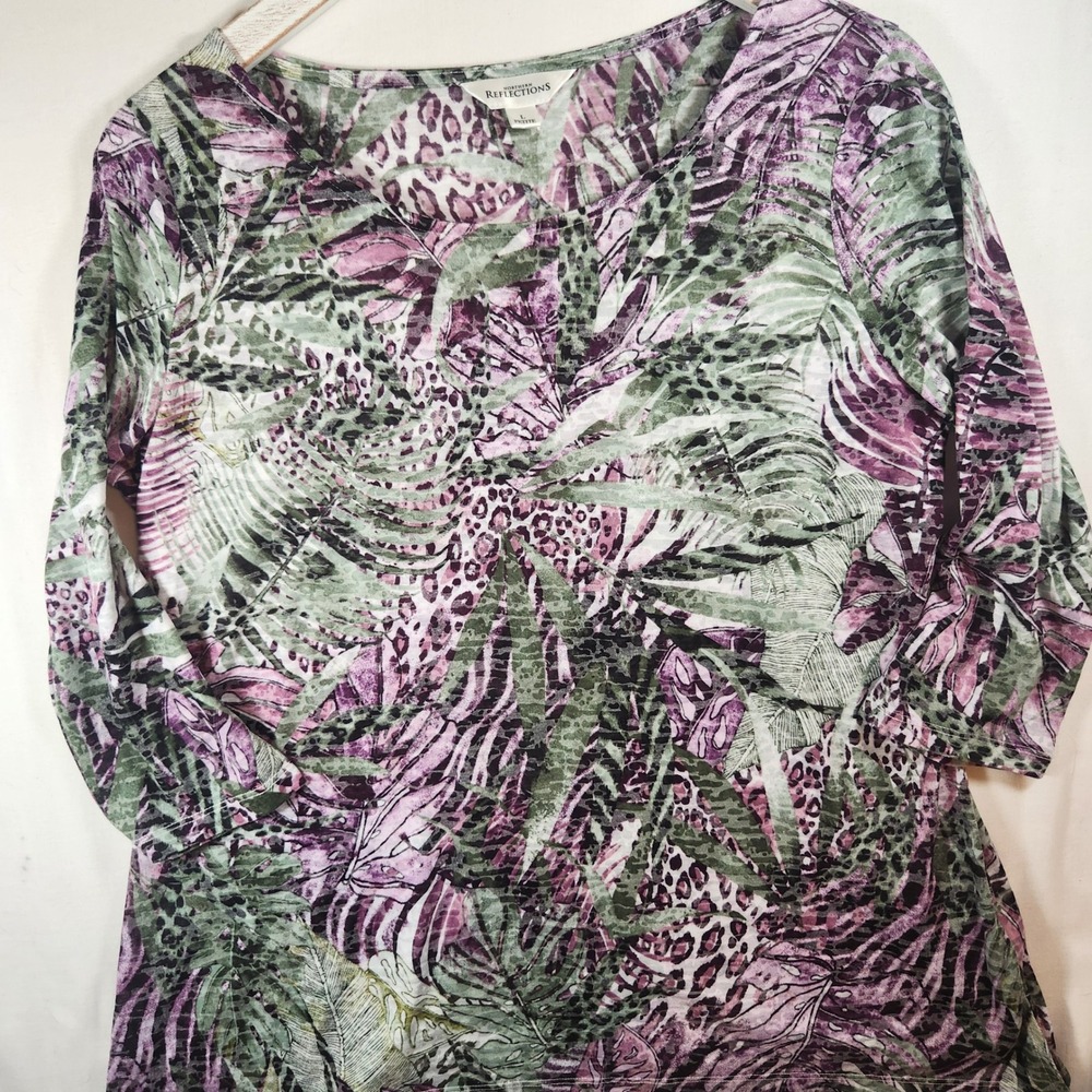 Northern Reflections Tropical Animal Print Top Purple Green 3/4 Sleeve Large P